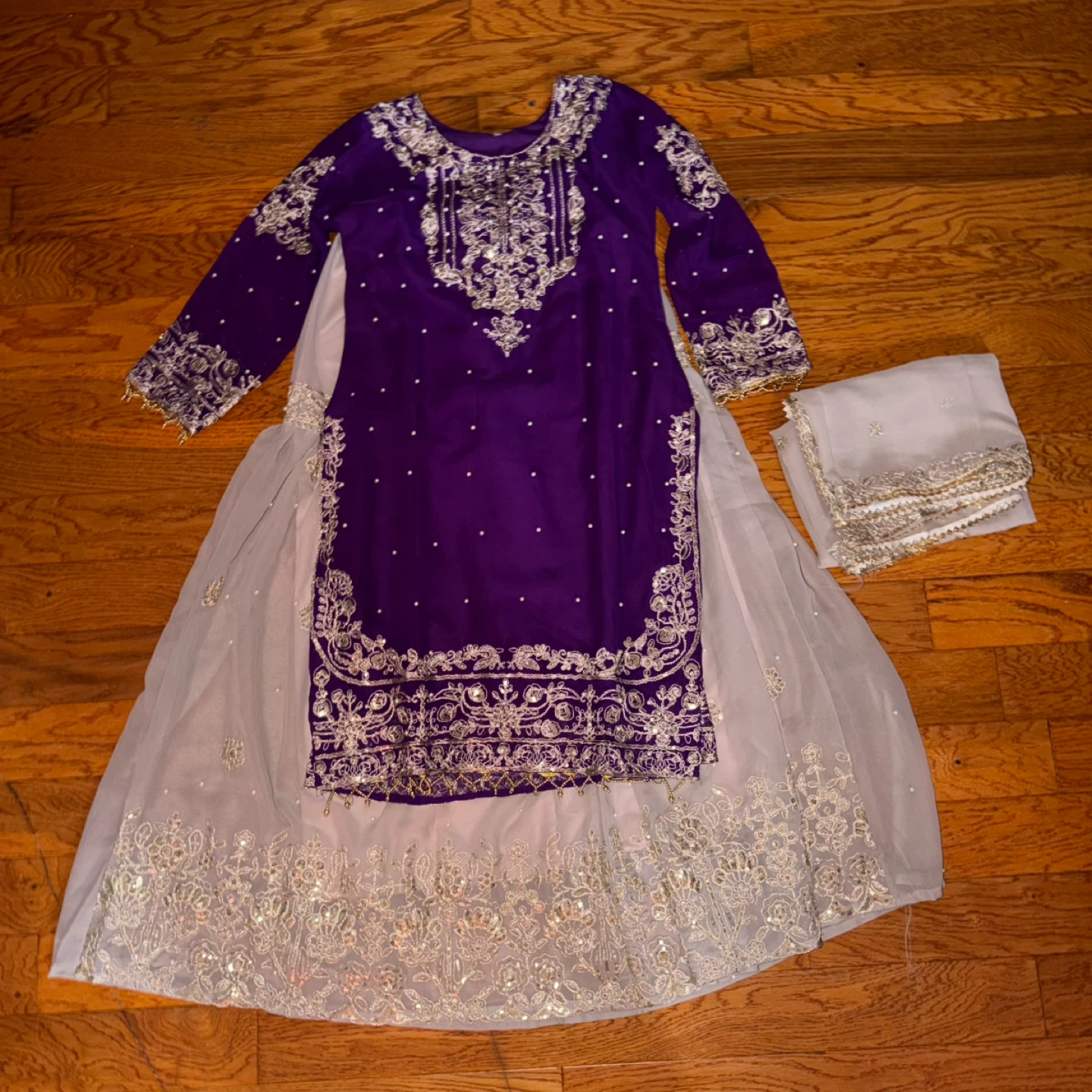 Purple Pearled Kurti Top with Lehenga Skirt and Shawl