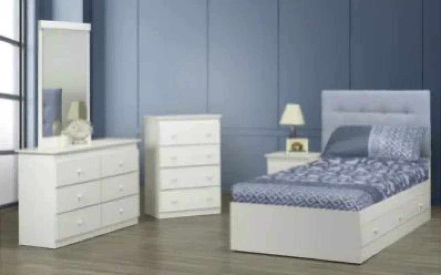 White Bedroom Set with Dresser, Chest, and Bed