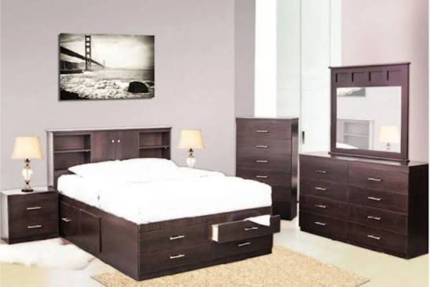 Dark Wood Bedroom Set with Bed, Dresser, and Nightstands