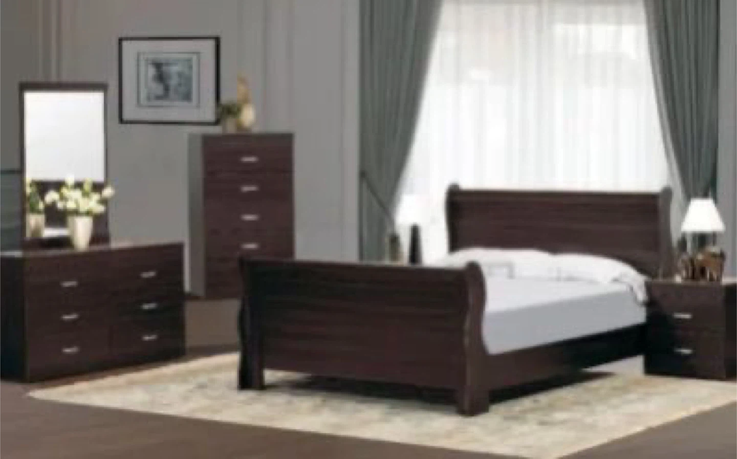 Dark Brown Sleigh Bed Frame and Bedroom Set