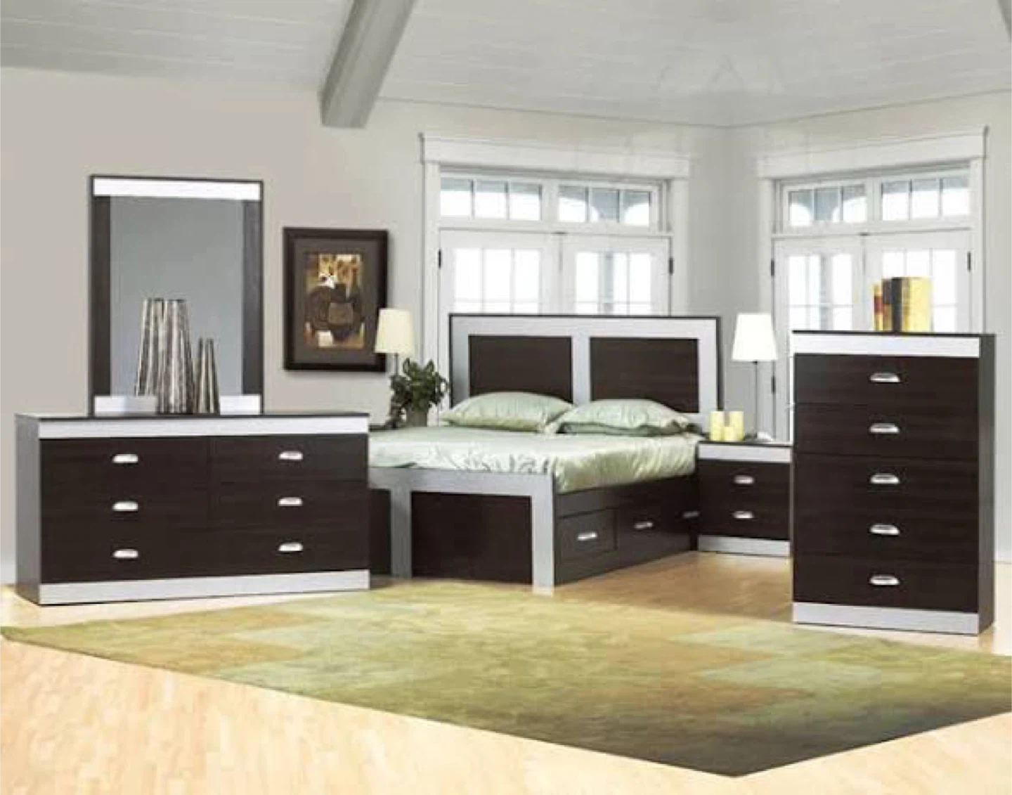 Dark Wood Bedroom Set with 6-Drawer Dresser, Nightstand & Bed