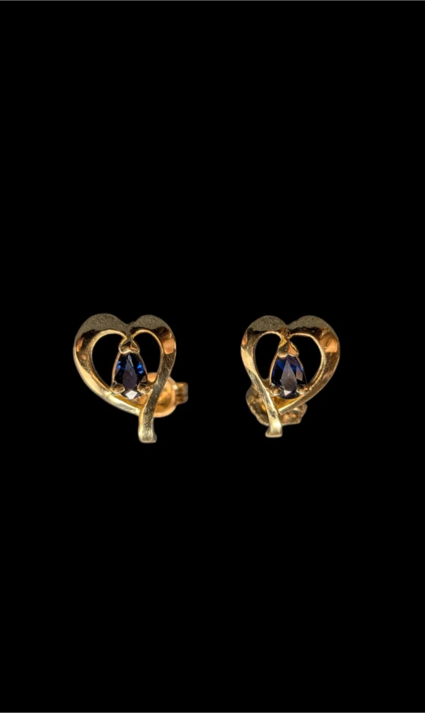 10K Gold Heart Earrings with Blue Stone