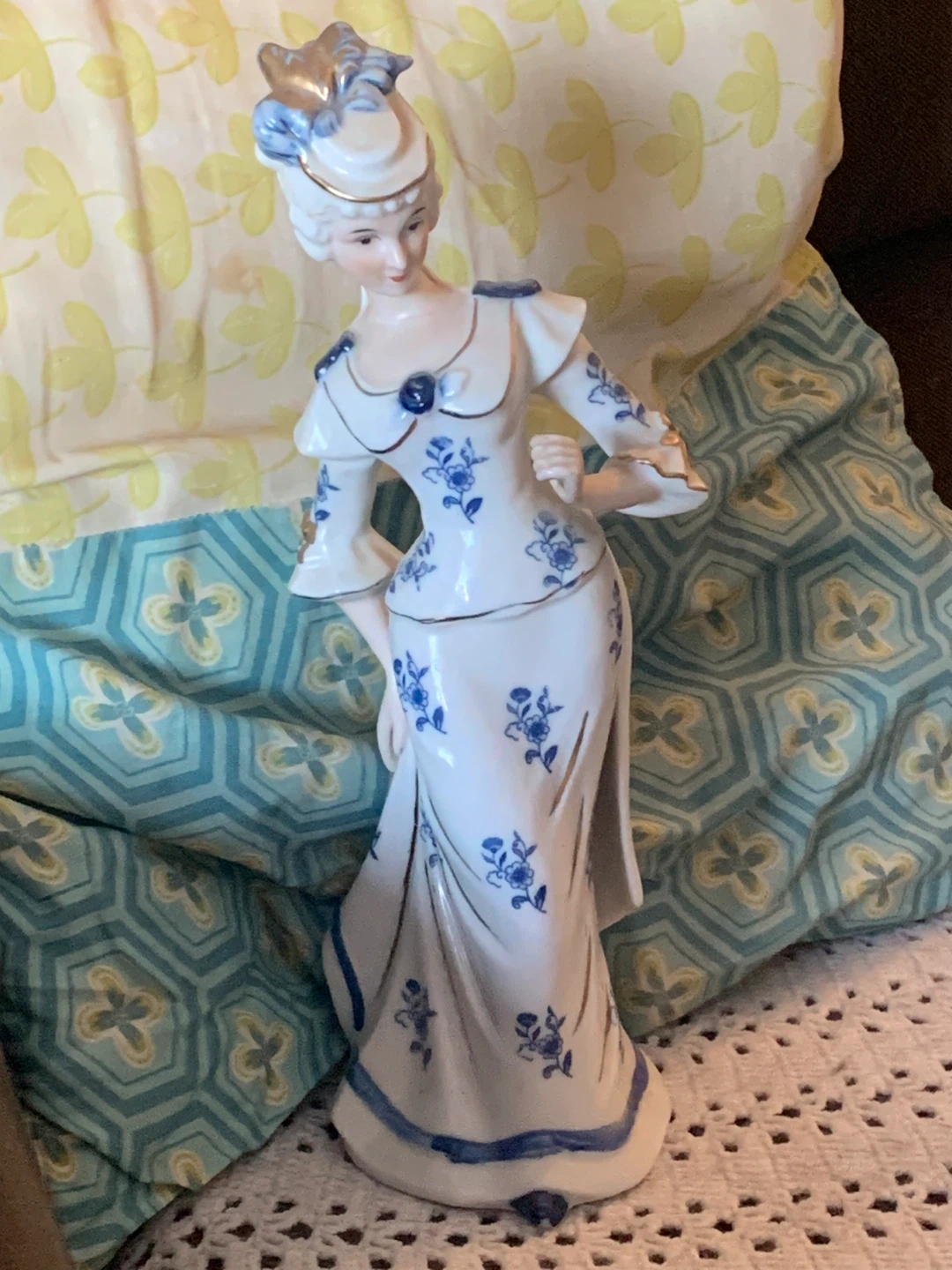 Decorative Porcelain Figurine Woman Blue Floral Pattern