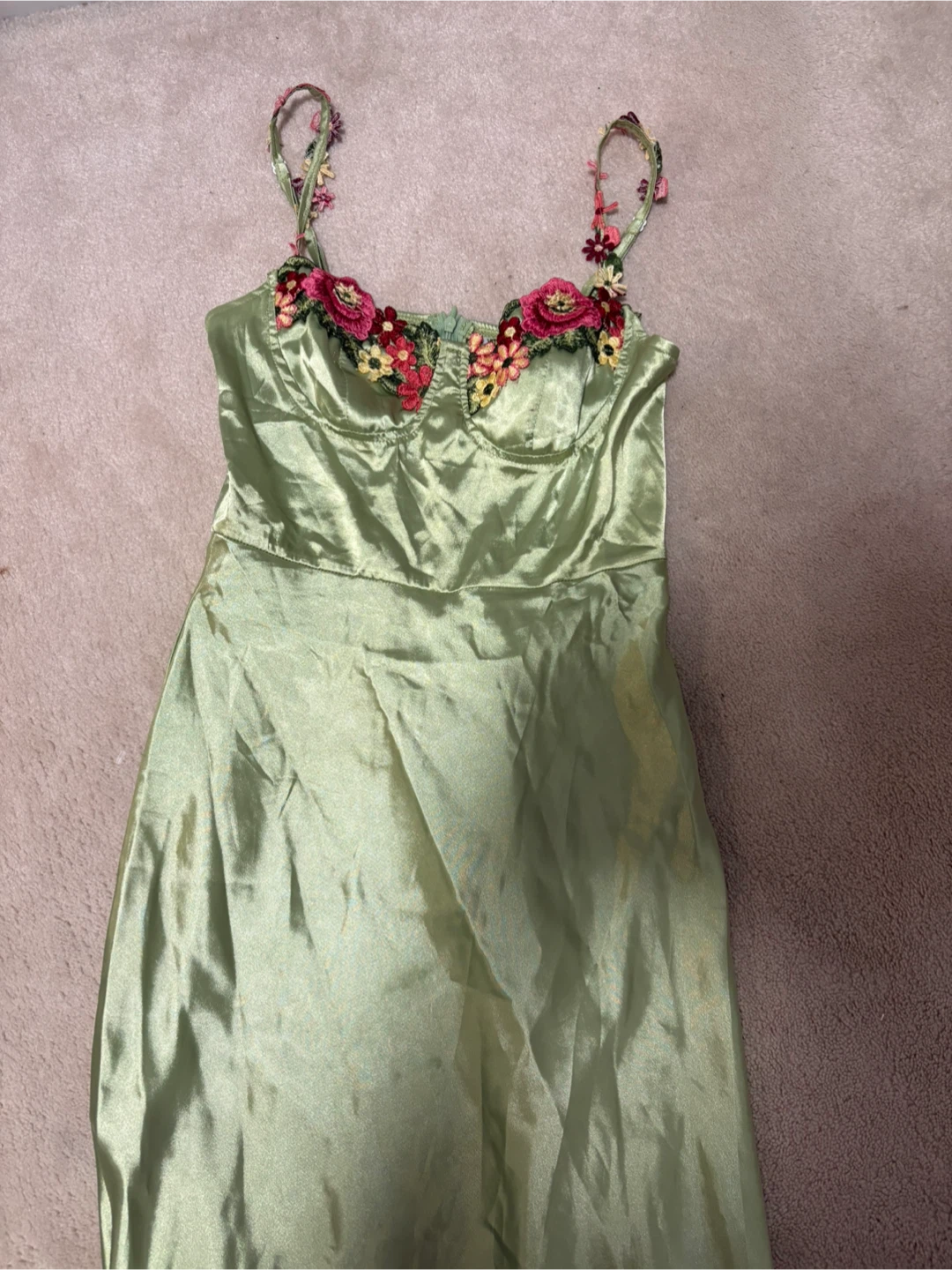 Light Green Satin Slip Dress with Floral Appliqué