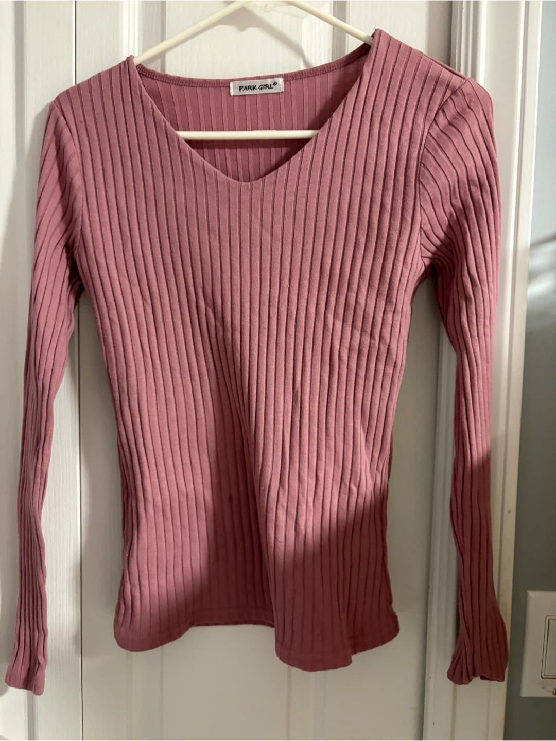 Park Girl Pink Ribbed V-Neck Long Sleeve Top