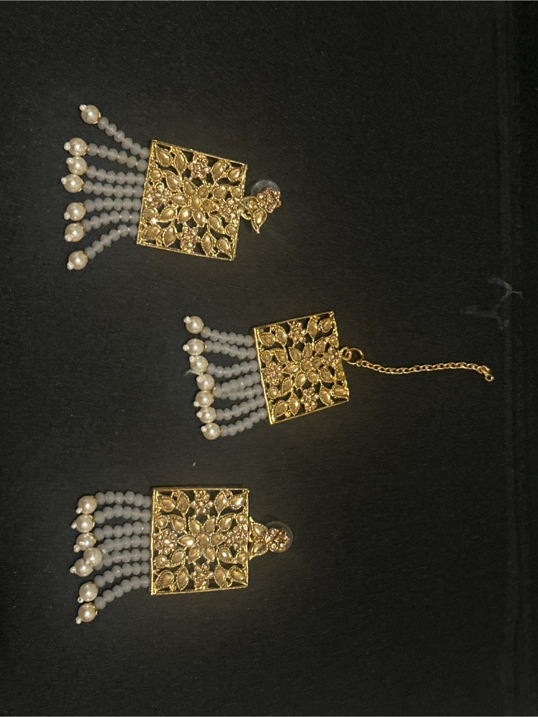 Gold Tone Square Earrings with Pearl Dangles