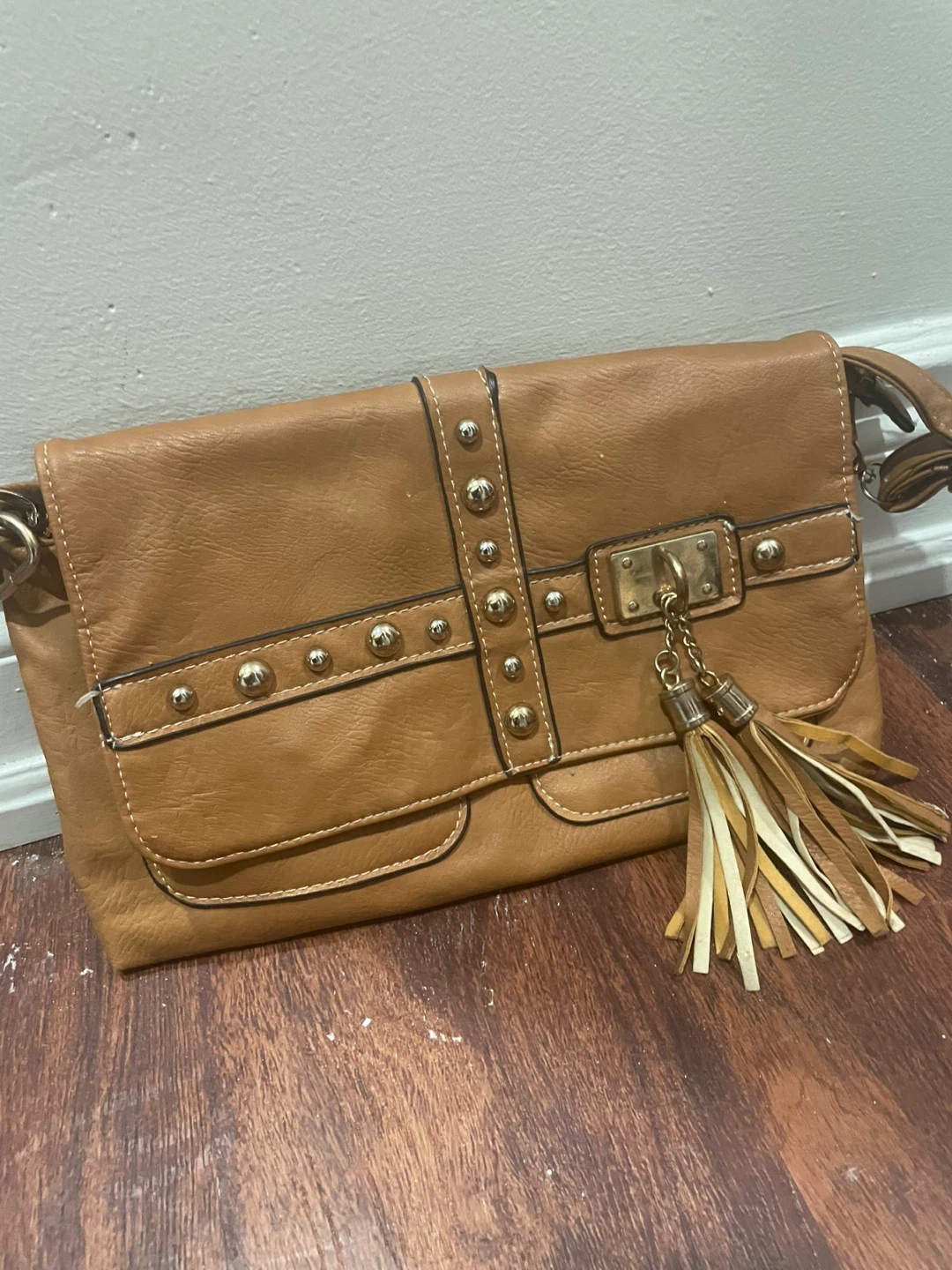 Brown Faux Leather Clutch Purse with Tassel