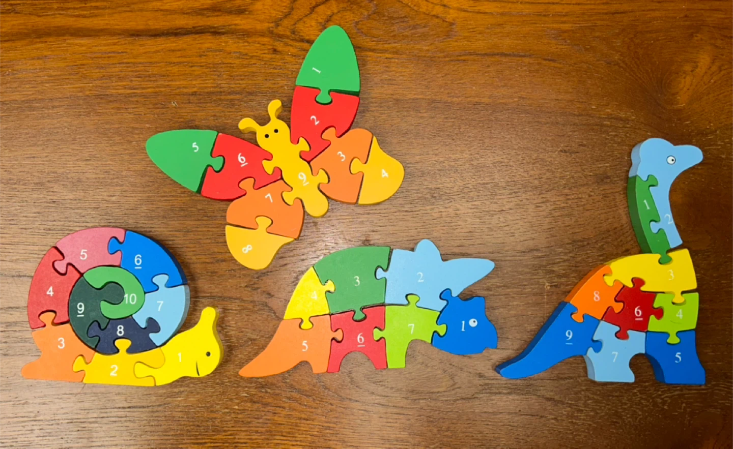 Wooden Number Puzzles - Butterfly, Dinosaur, Snail