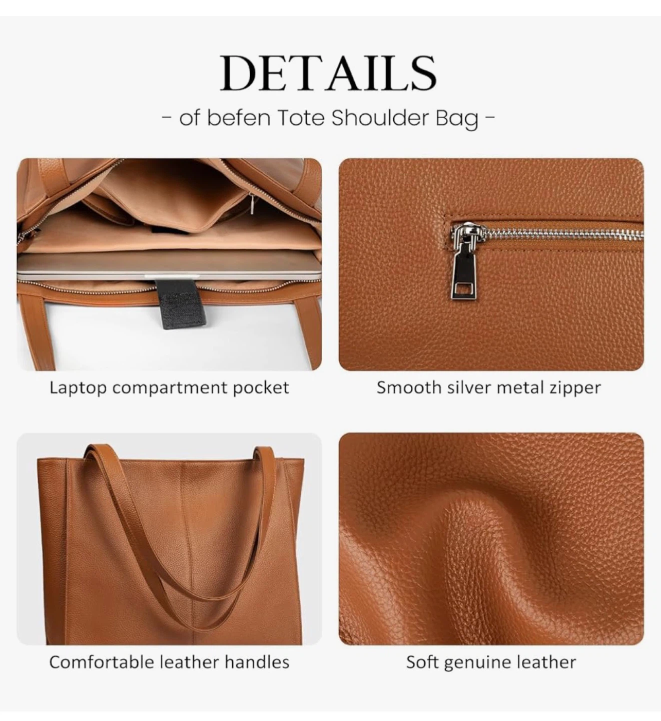 Brown Leather Tote Shoulder Bag - Fits 14" Laptop - photo 4