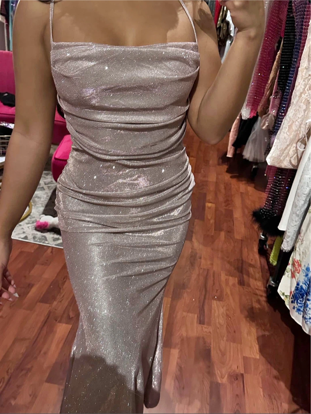 Sparkly Ruched Bodycon Maxi Dress