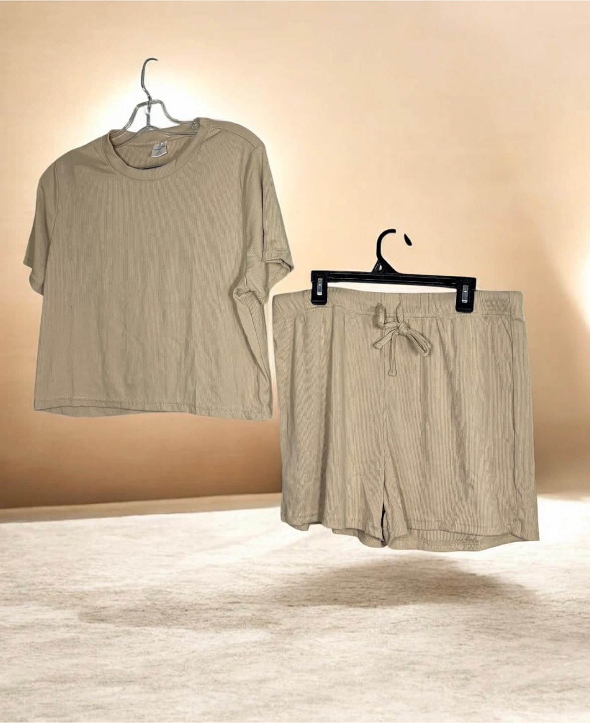 Ribbed Knit Lounge Set - Tan T-Shirt & Shorts