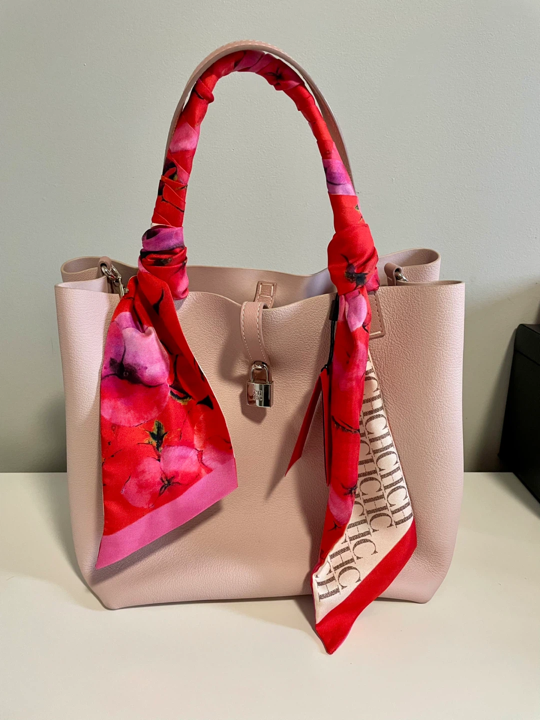 Carolina Herrera Pink Leather Tote Bag with Floral Scarf