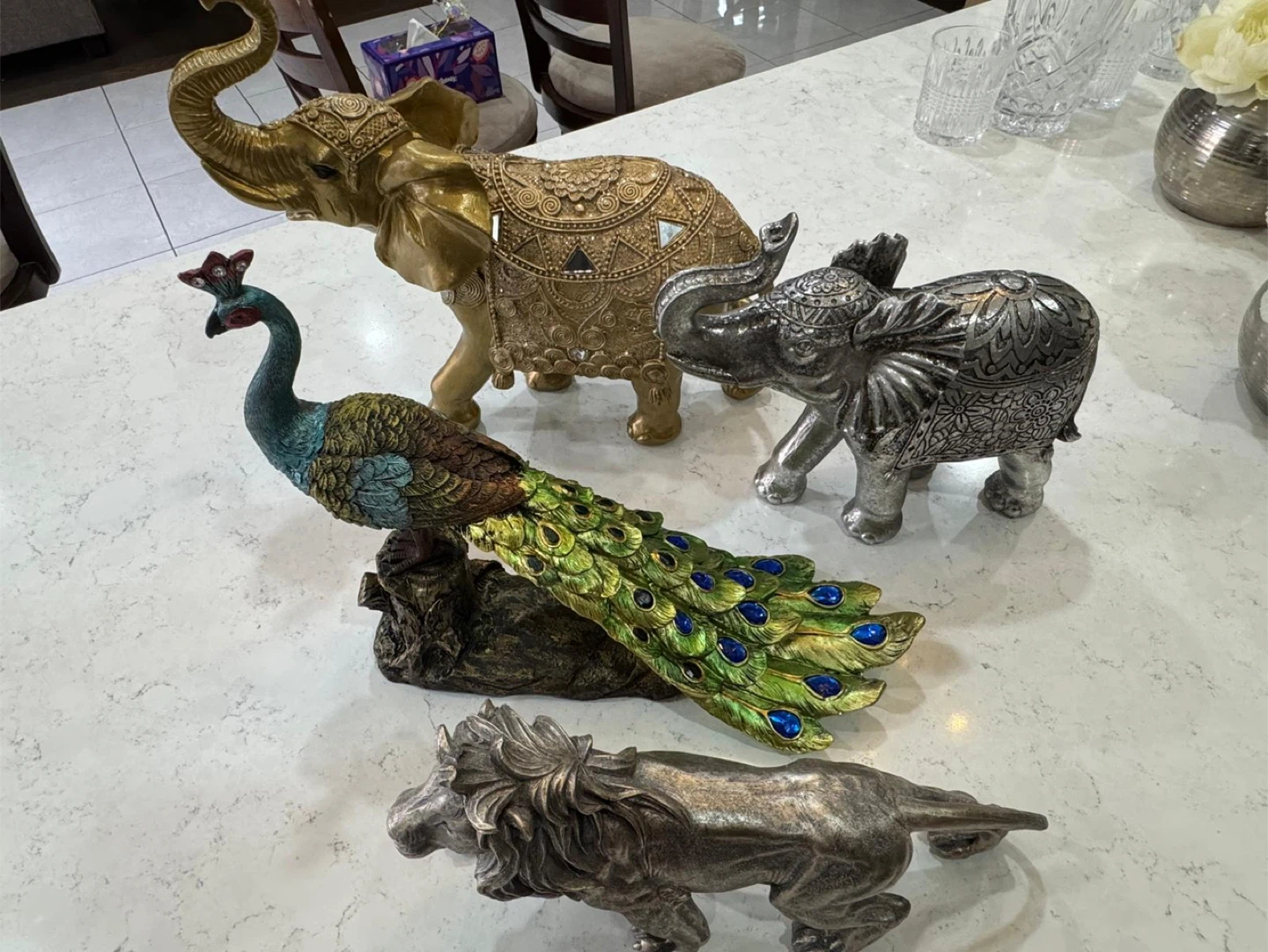Decorative Animal Figurines (Peacock, Elephants, Lion)