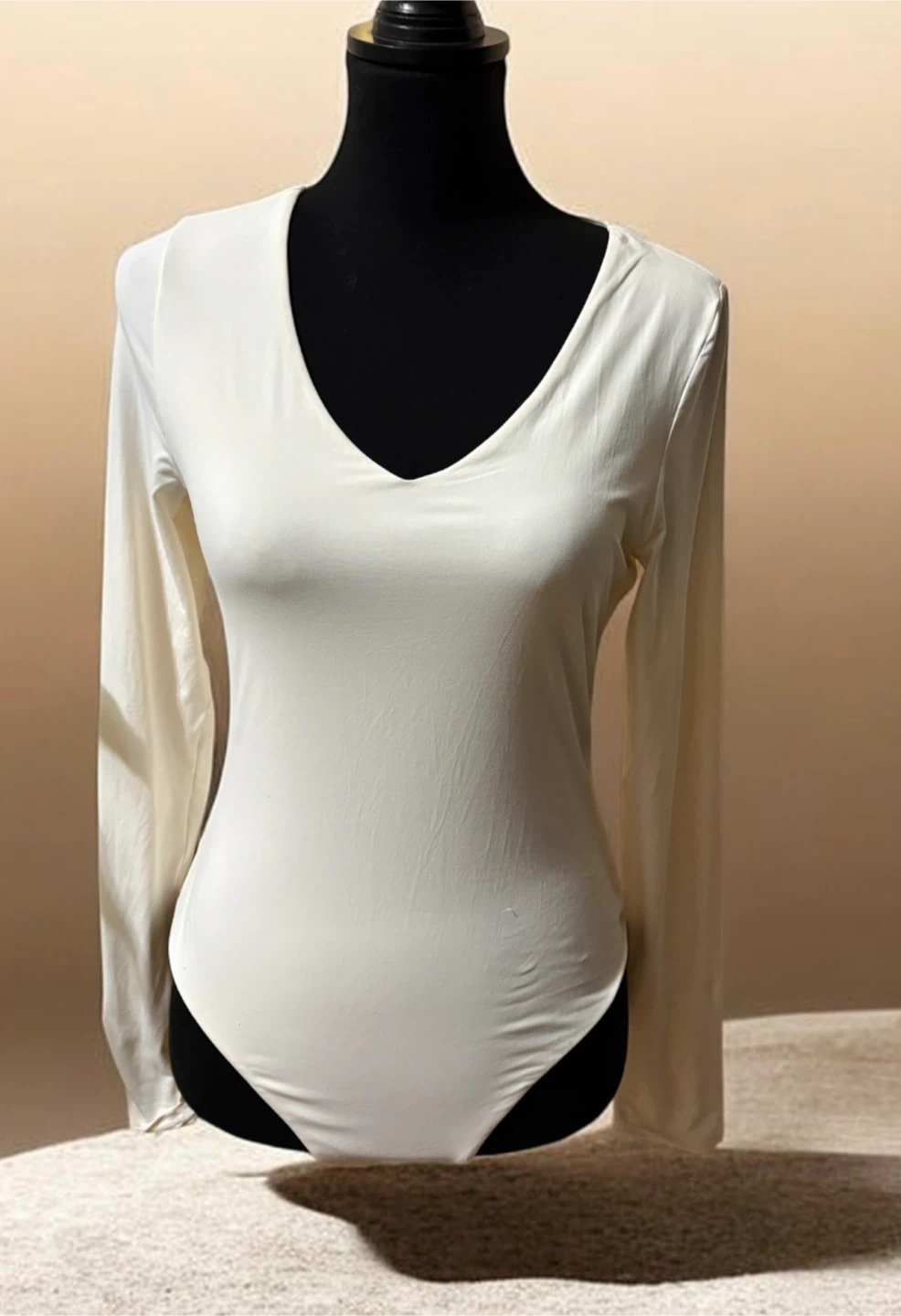 Cream Long Sleeve V-Neck Bodysuit