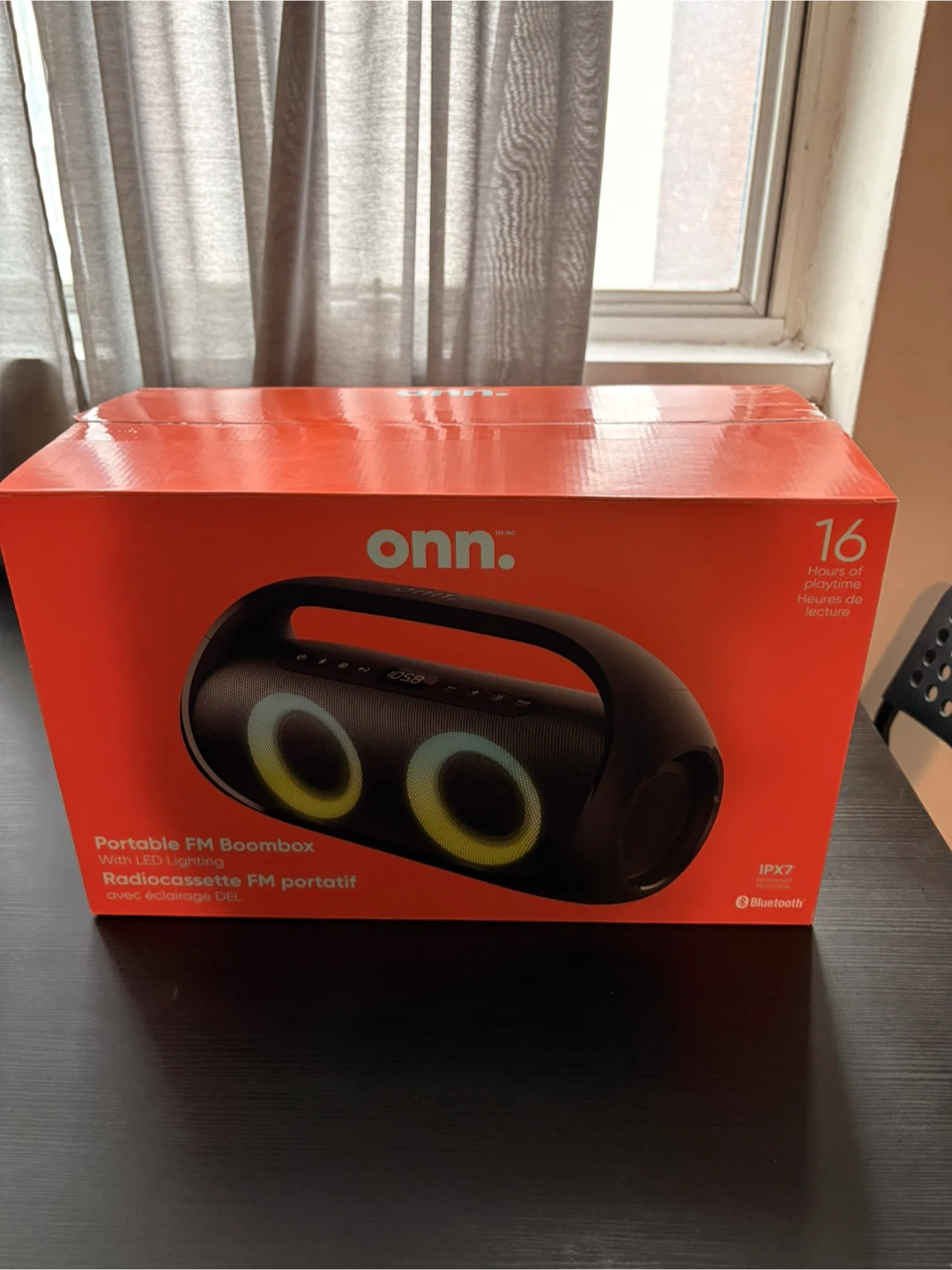 Onn. Portable FM Boombox with LED Lighting