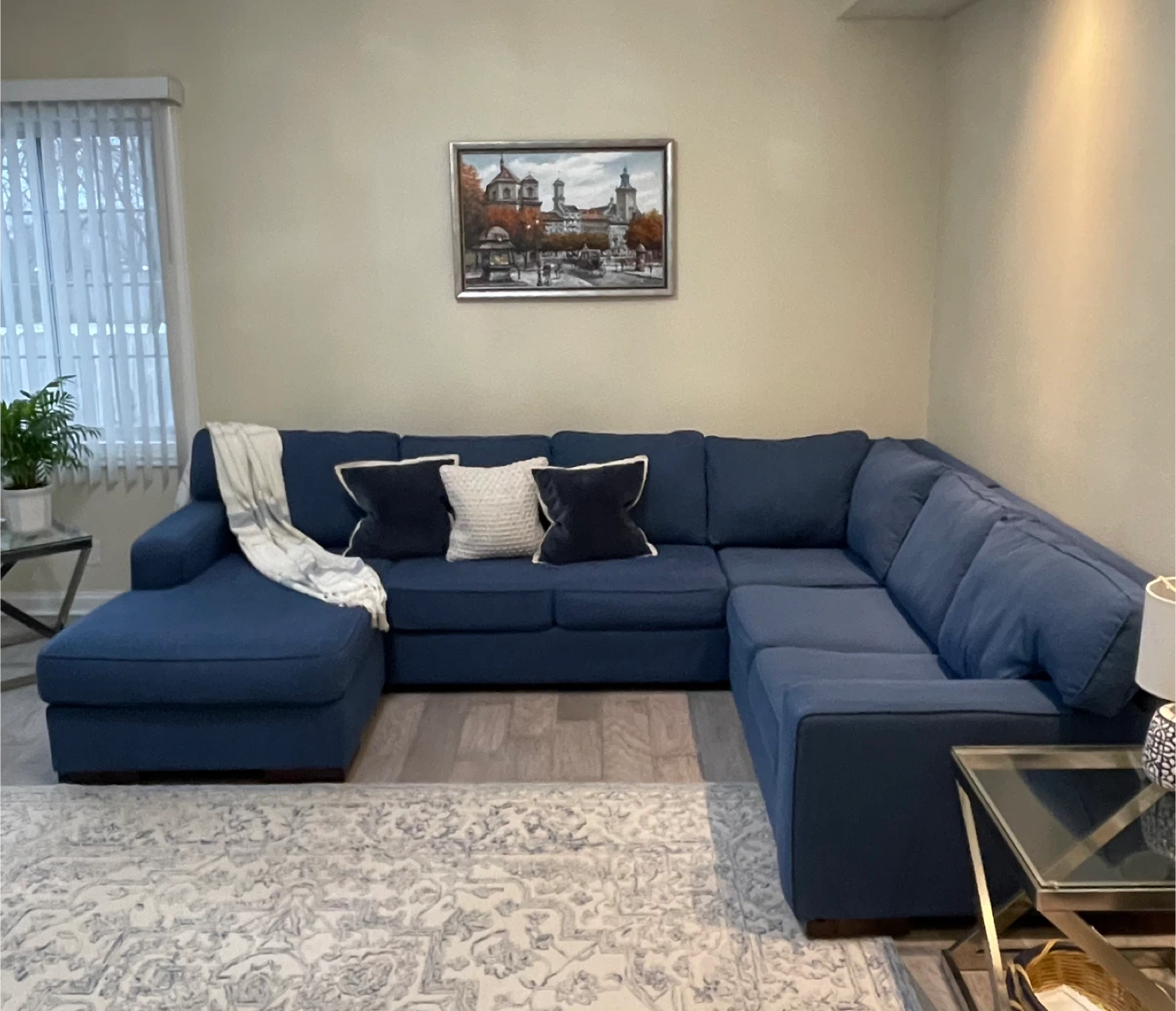 Large Blue Sectional Sofa with Chaise