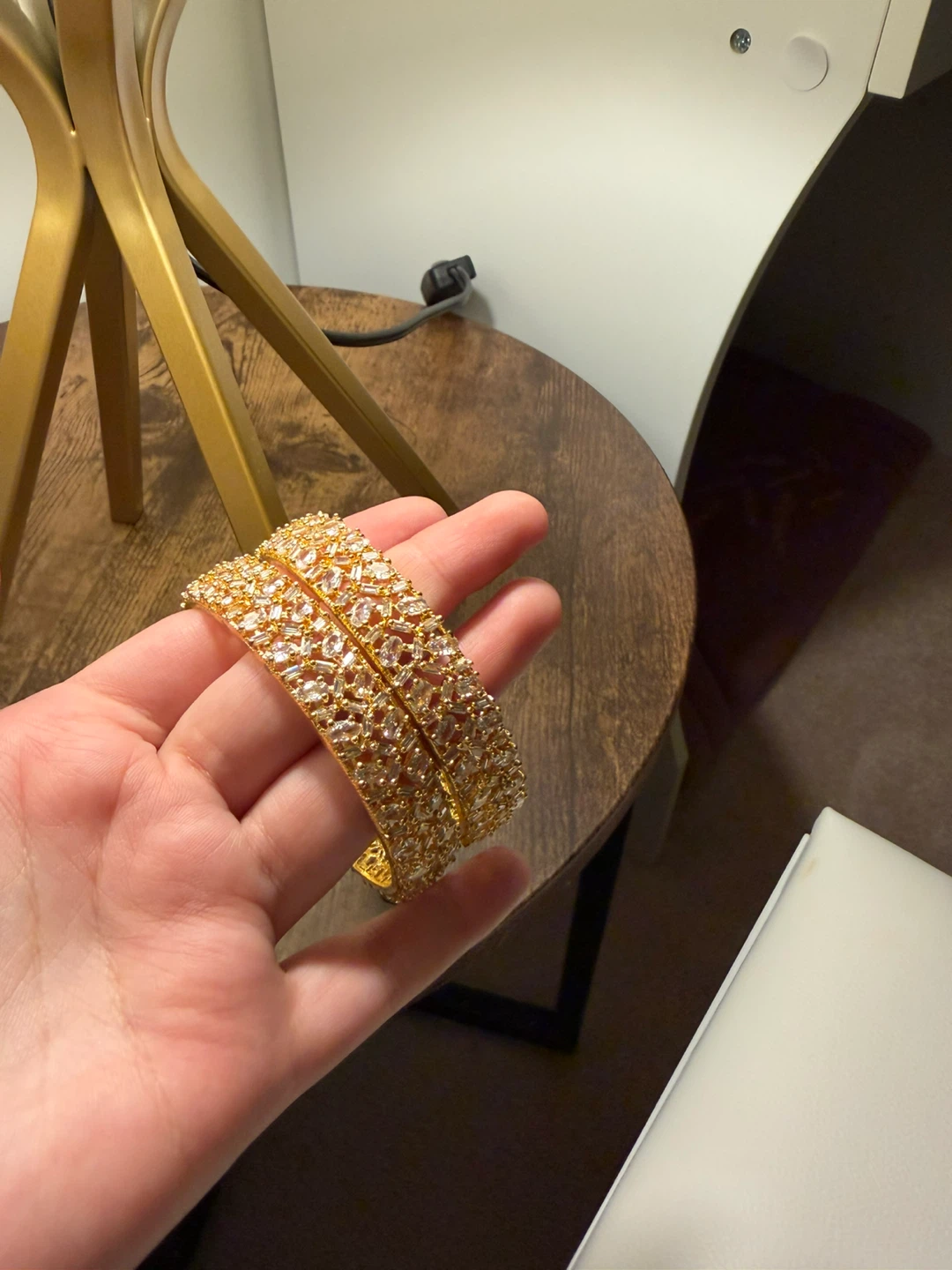 Pair of 2 Gold Tone Bangles with Clear Stones