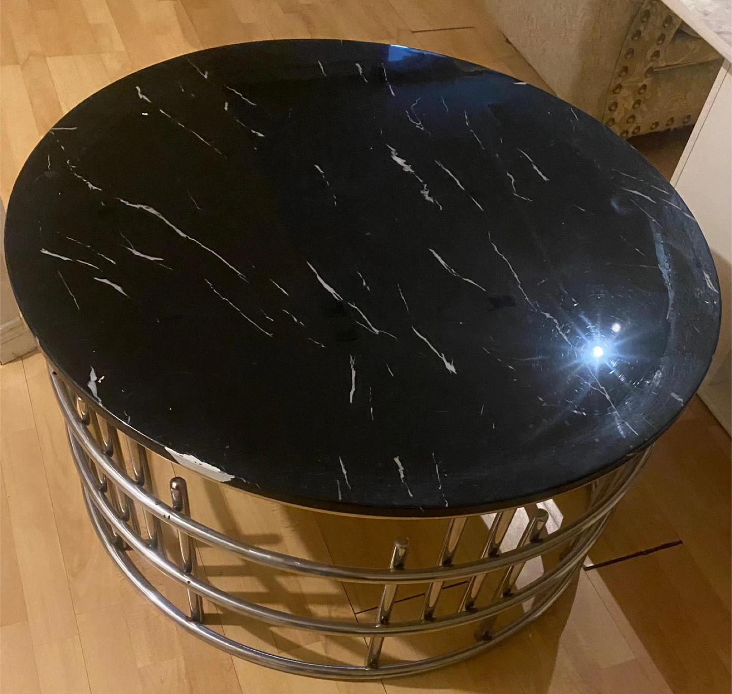 Round Black Marble Coffee Table with Chrome Base