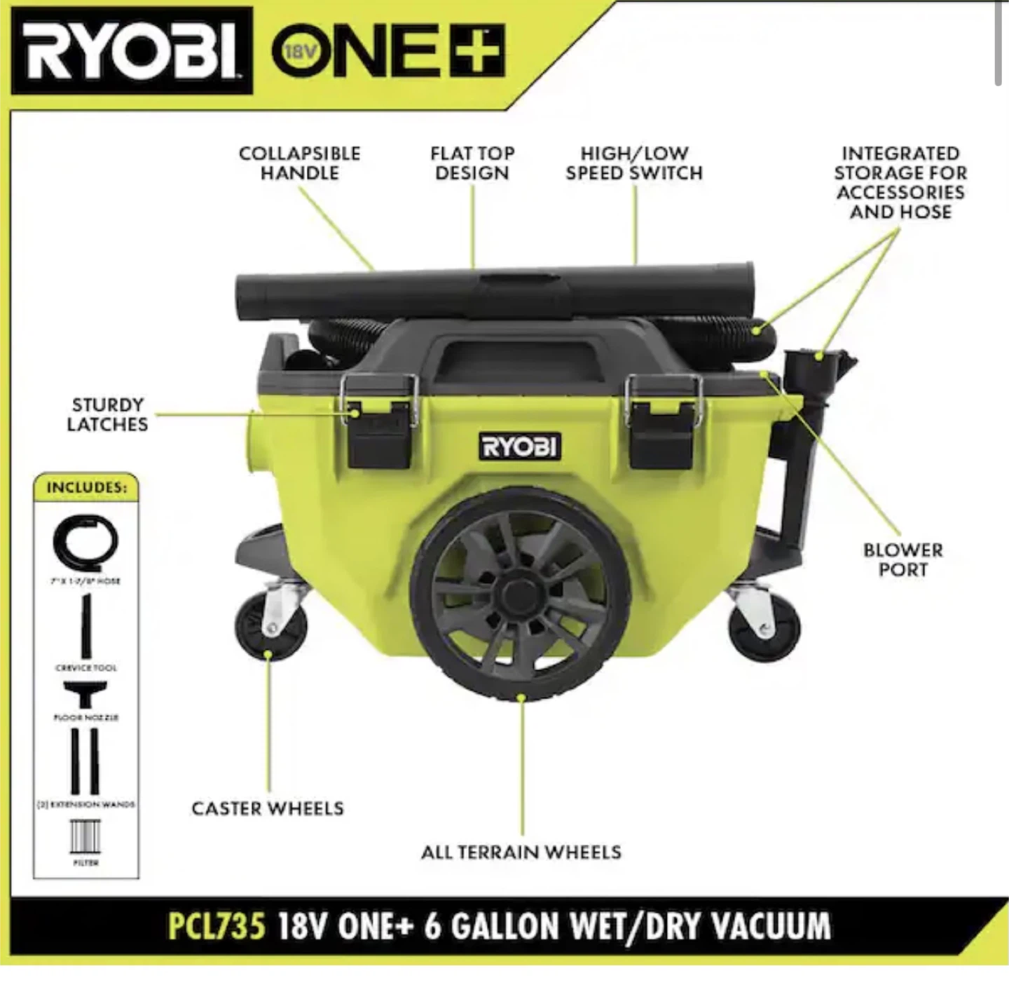 Ryobi ONE+ 18V 6 Gallon Wet/Dry Vacuum PCL735 (Tool Only)