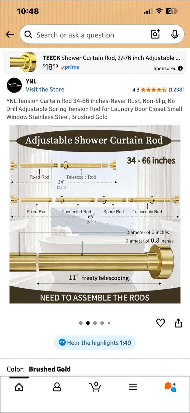 YNL Tension Shower Curtain Rod - Brushed Gold 34-66 inches - photo 2