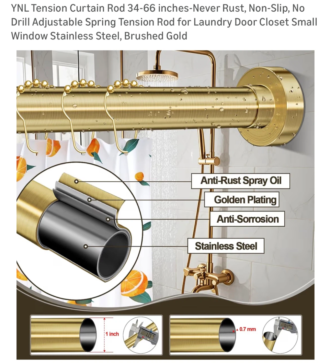YNL Tension Shower Curtain Rod - Brushed Gold 34-66 inches