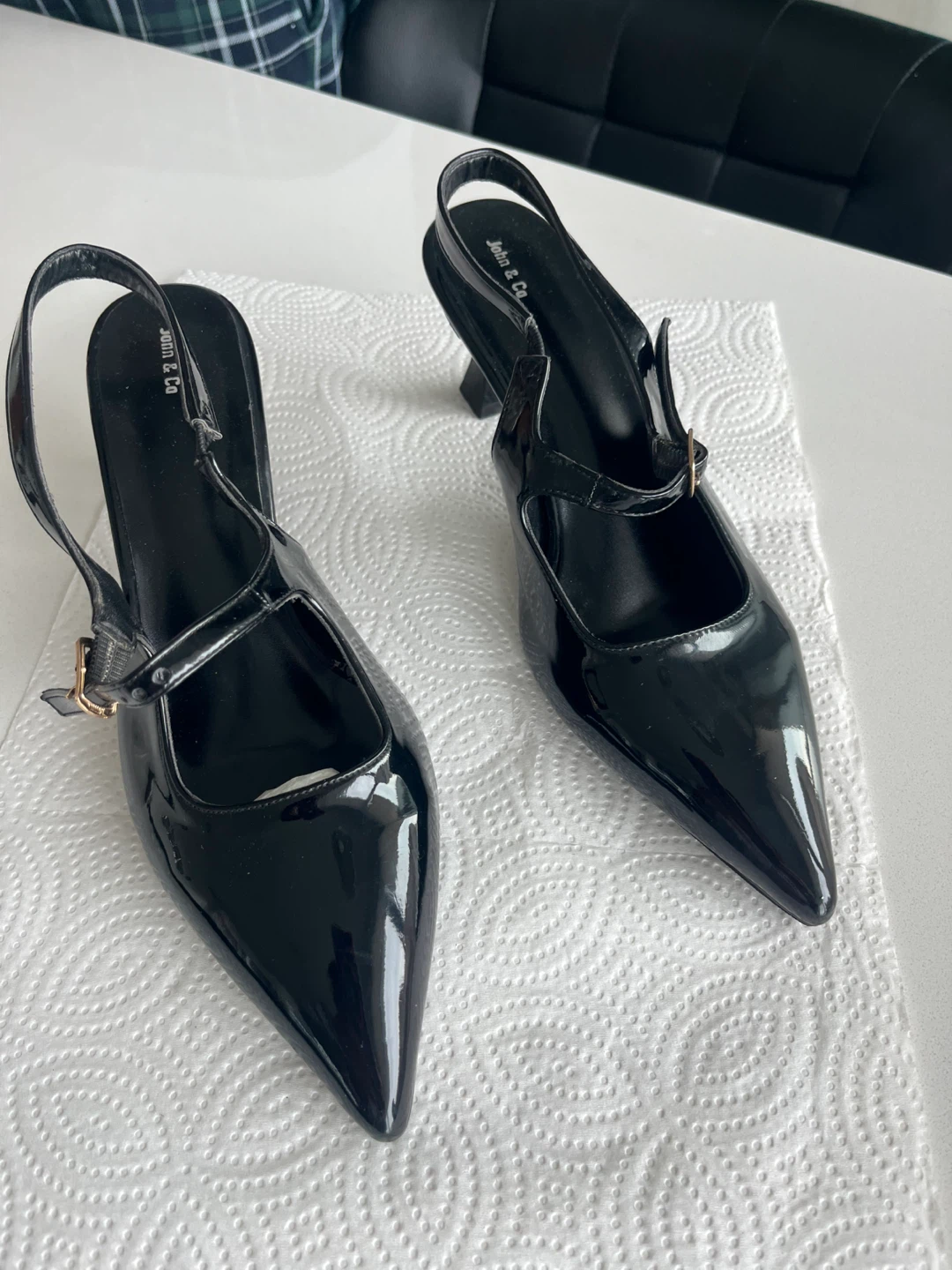John & Co Black Patent Slingback Heels - Size 40