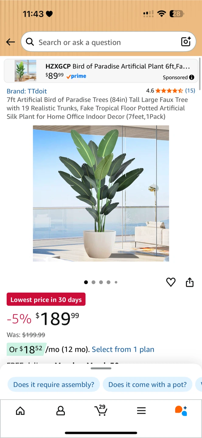 Ttdoit Bird of Paradise Artificial Plant 7ft