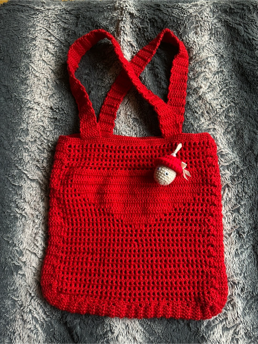 Handmade Red Crochet Tote Bag with Charm