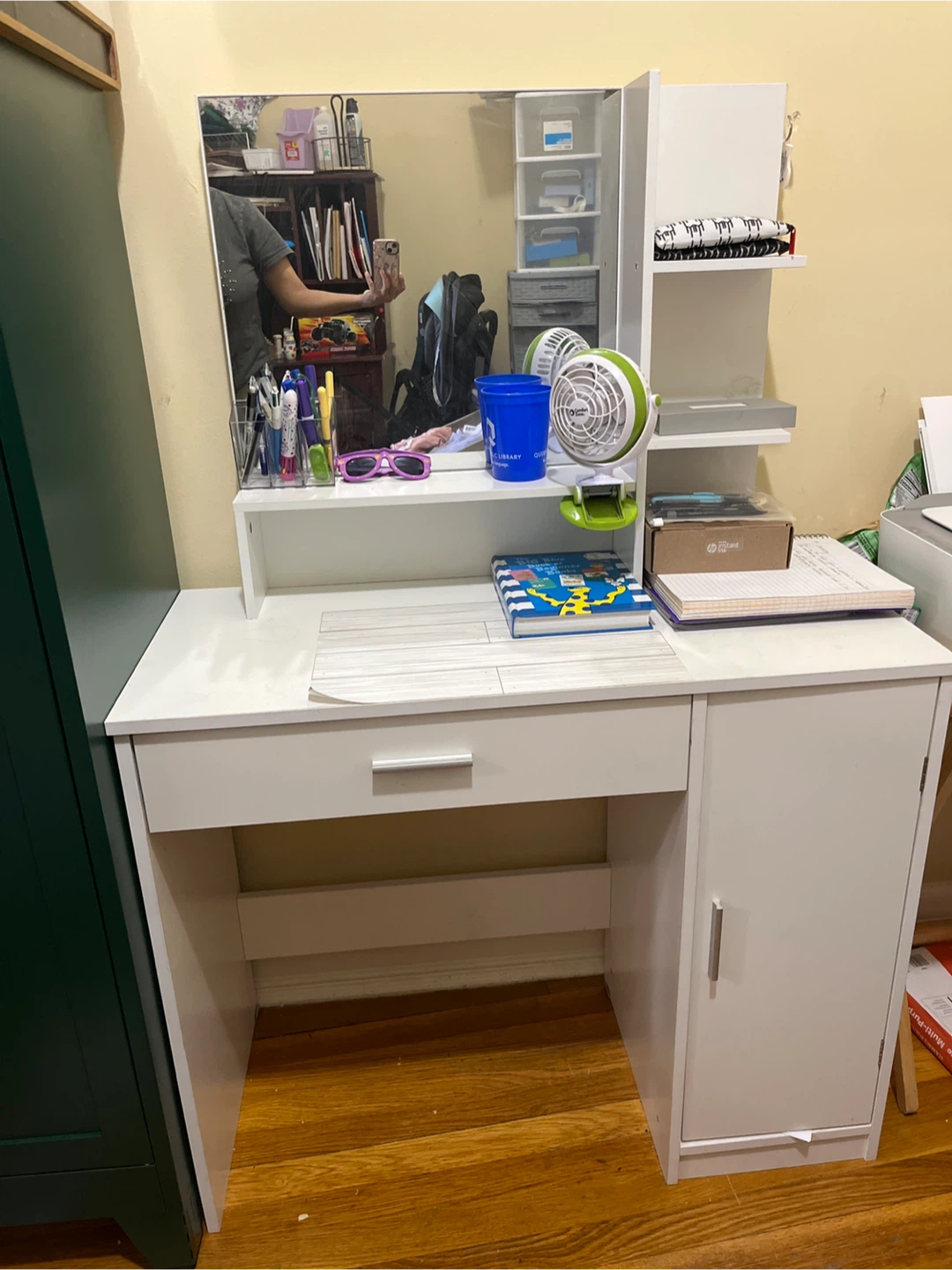 White Vanity Desk with Mirror and Storage