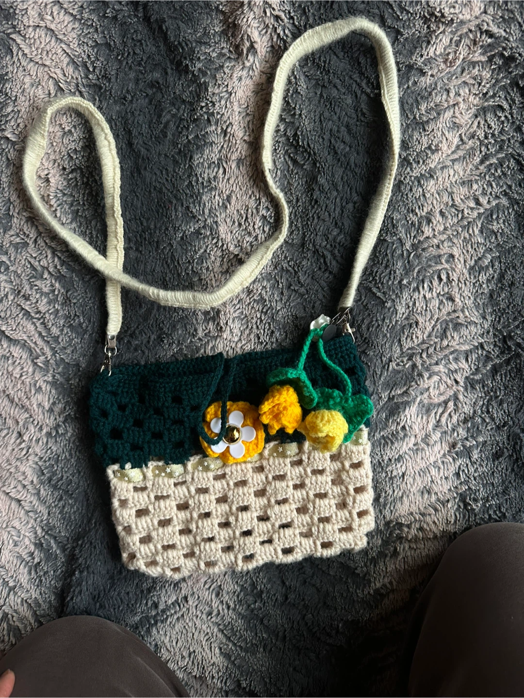 Handmade Crochet Crossbody Bag with Flower Embellishments