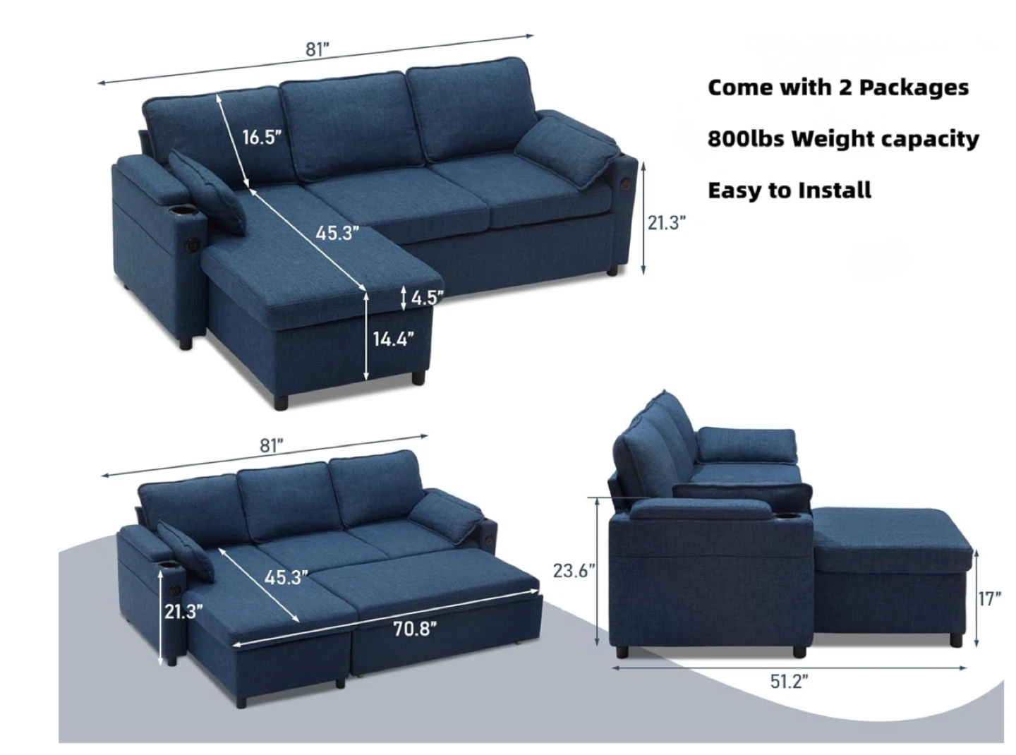 Blue Sectional Sofa Bed with Storage - photo 3