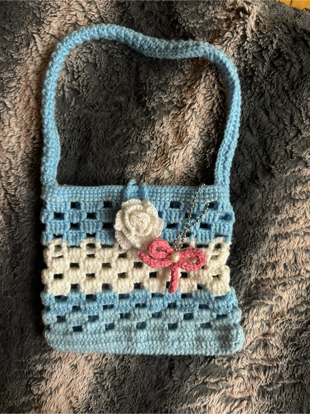 Crocheted Blue and White Striped Purse with Flower Accent