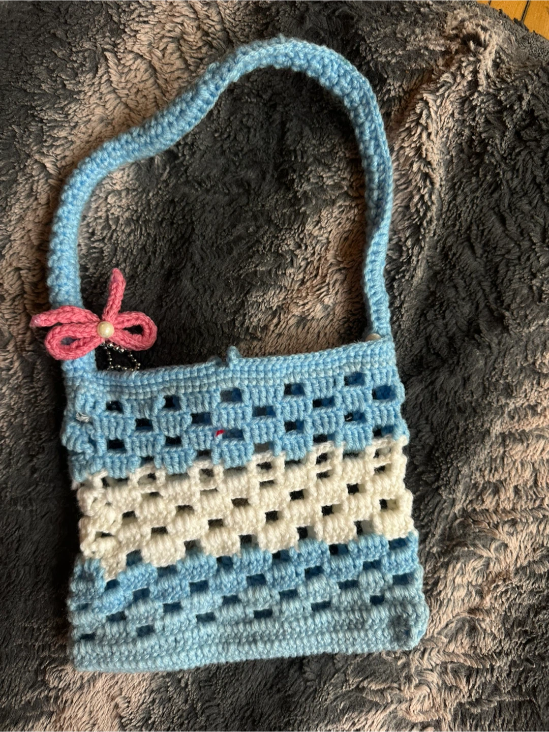 Crocheted Blue and White Striped Purse with Flower Accent - photo 2