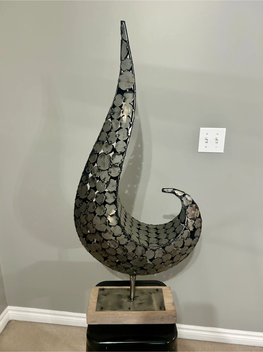 Metal Swirl Sculpture with Wooden Base
