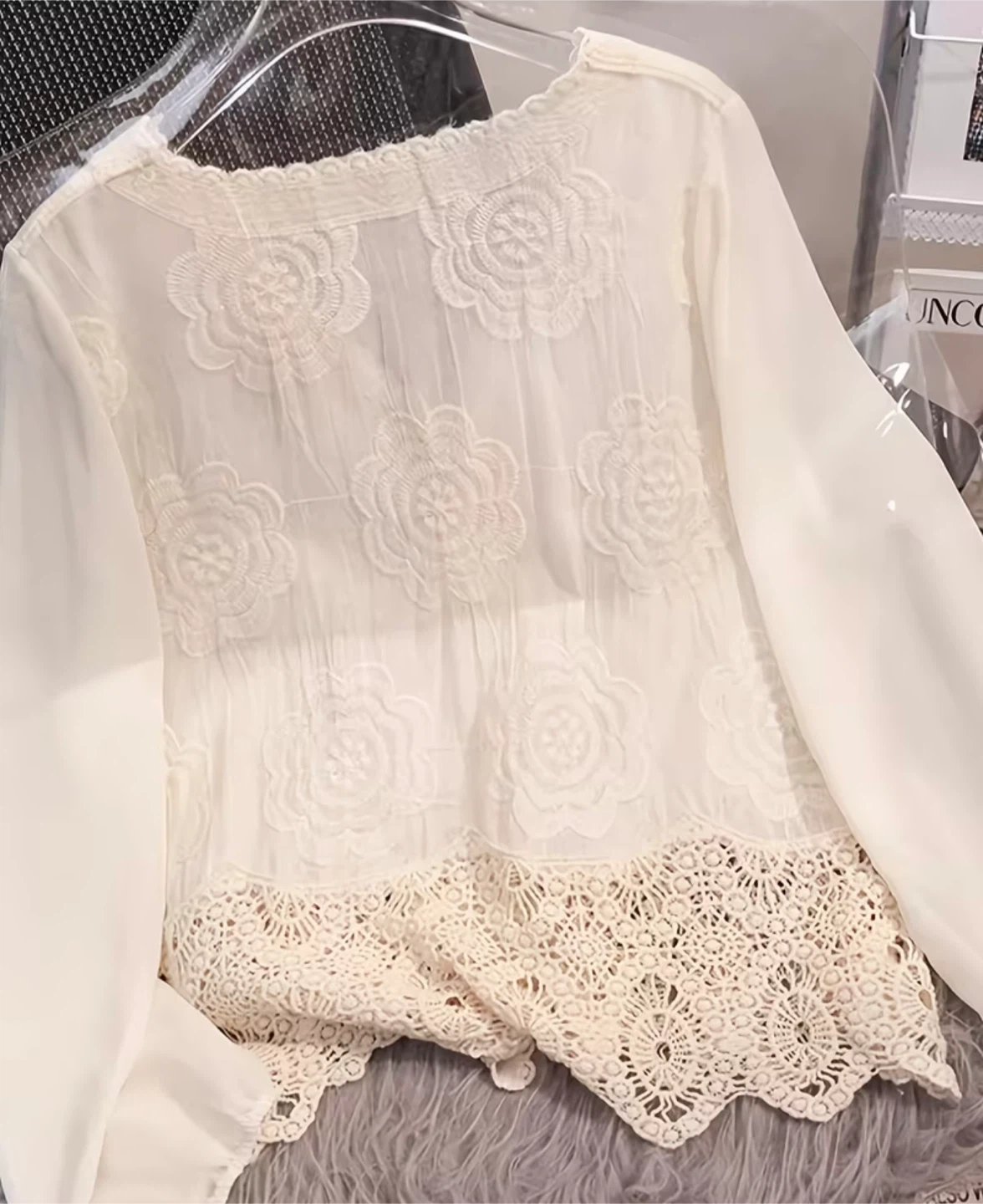 White Lace Button-Up Blouse with Sheer Sleeves - photo 3
