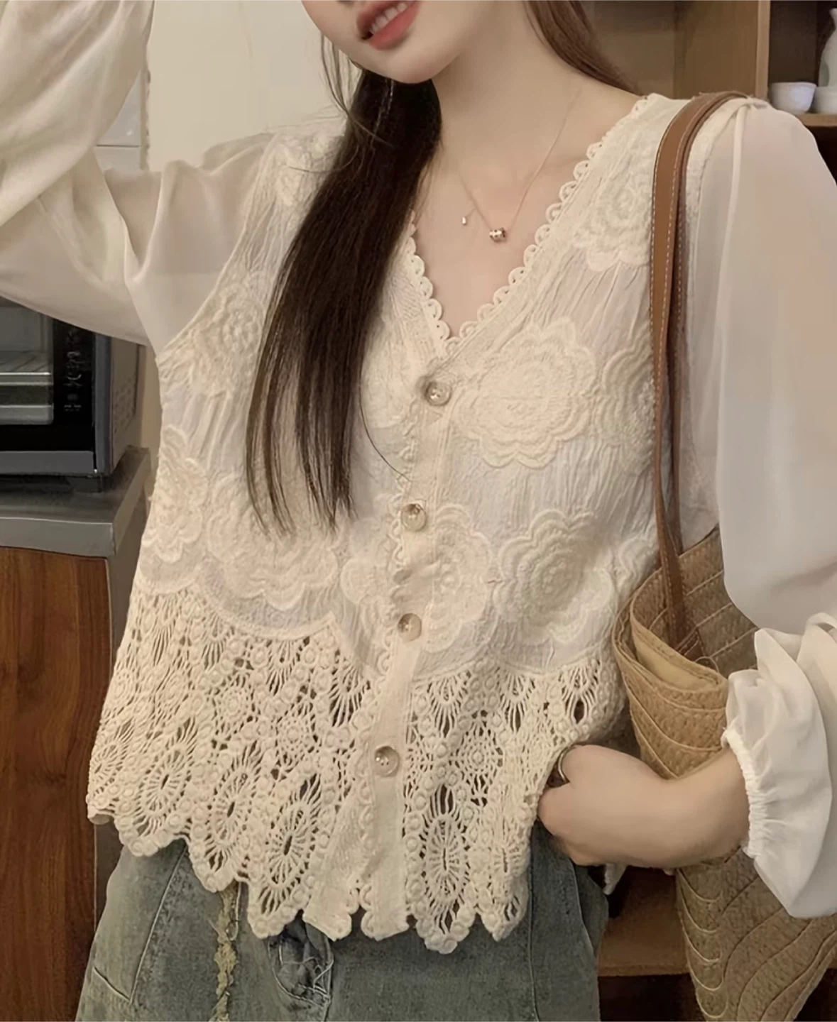 White Lace Button-Up Blouse with Sheer Sleeves - photo 4