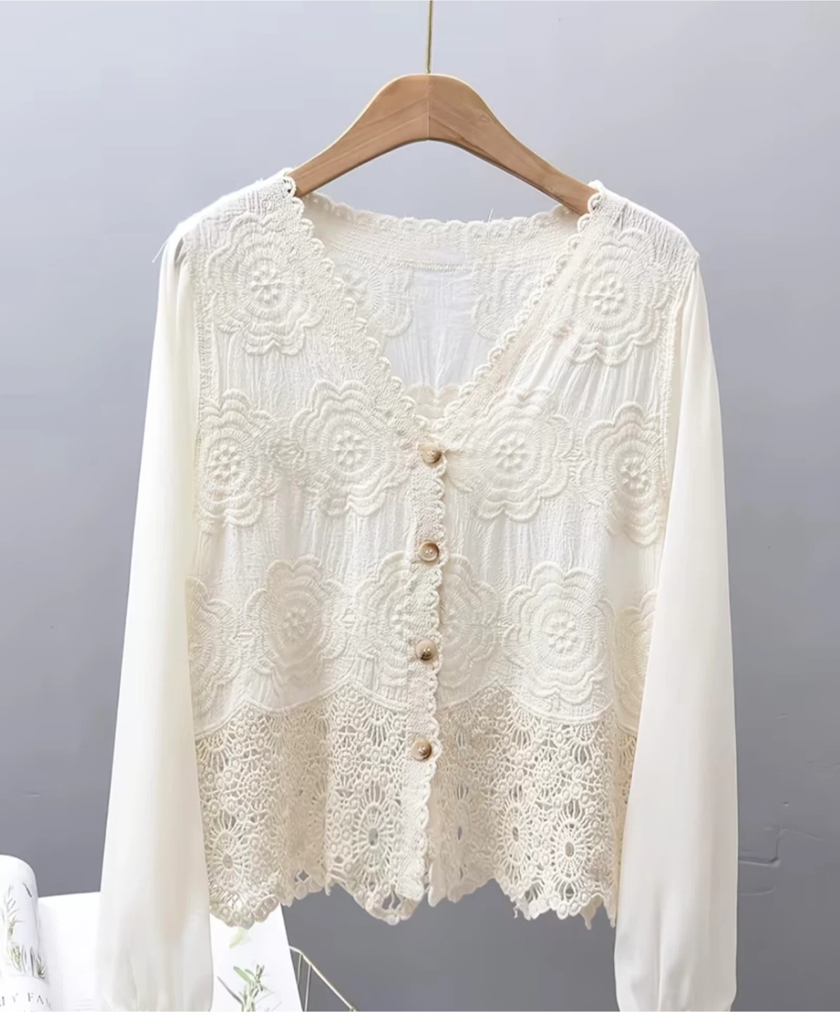 White Lace Button-Up Blouse with Sheer Sleeves - photo 2