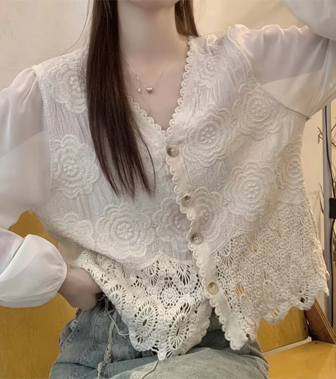 White Lace Button-Up Blouse with Sheer Sleeves