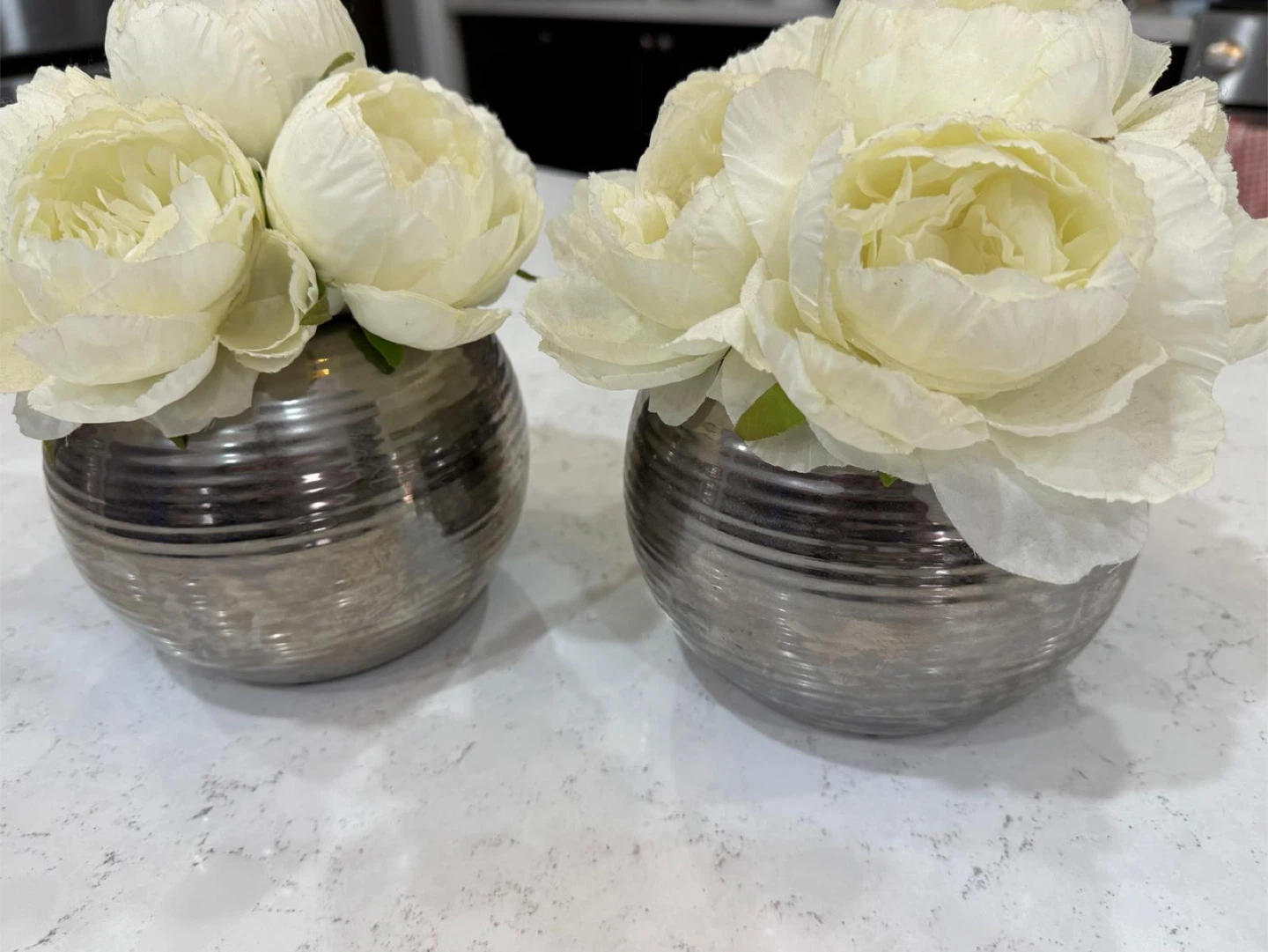 Set of 2 Silver Round Vases with White Flowers