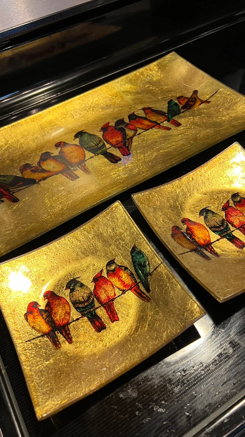 Gold Decorative Trays with Bird Design (Set of 3)