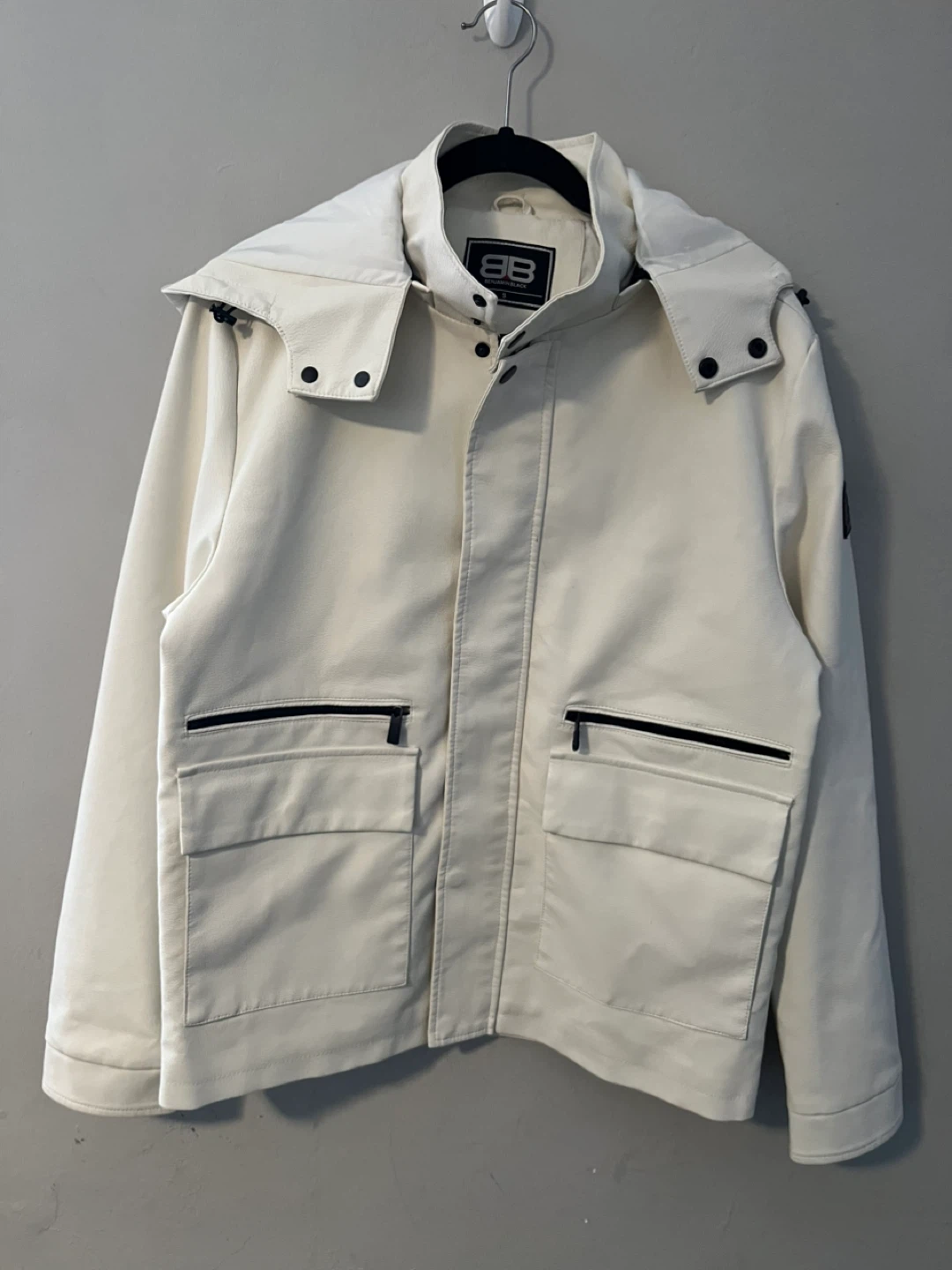 Men’s White Faux Leather Jacket With Detachable Hood