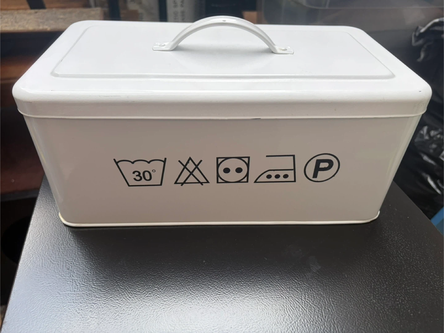 White Metal Laundry Storage Tin with Handle