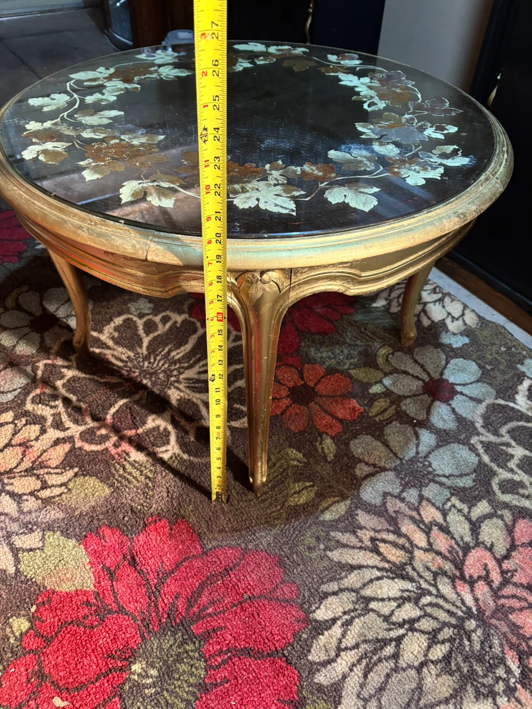 Vintage Hollywood Regency Round Coffee Table Floral Glass Inlay