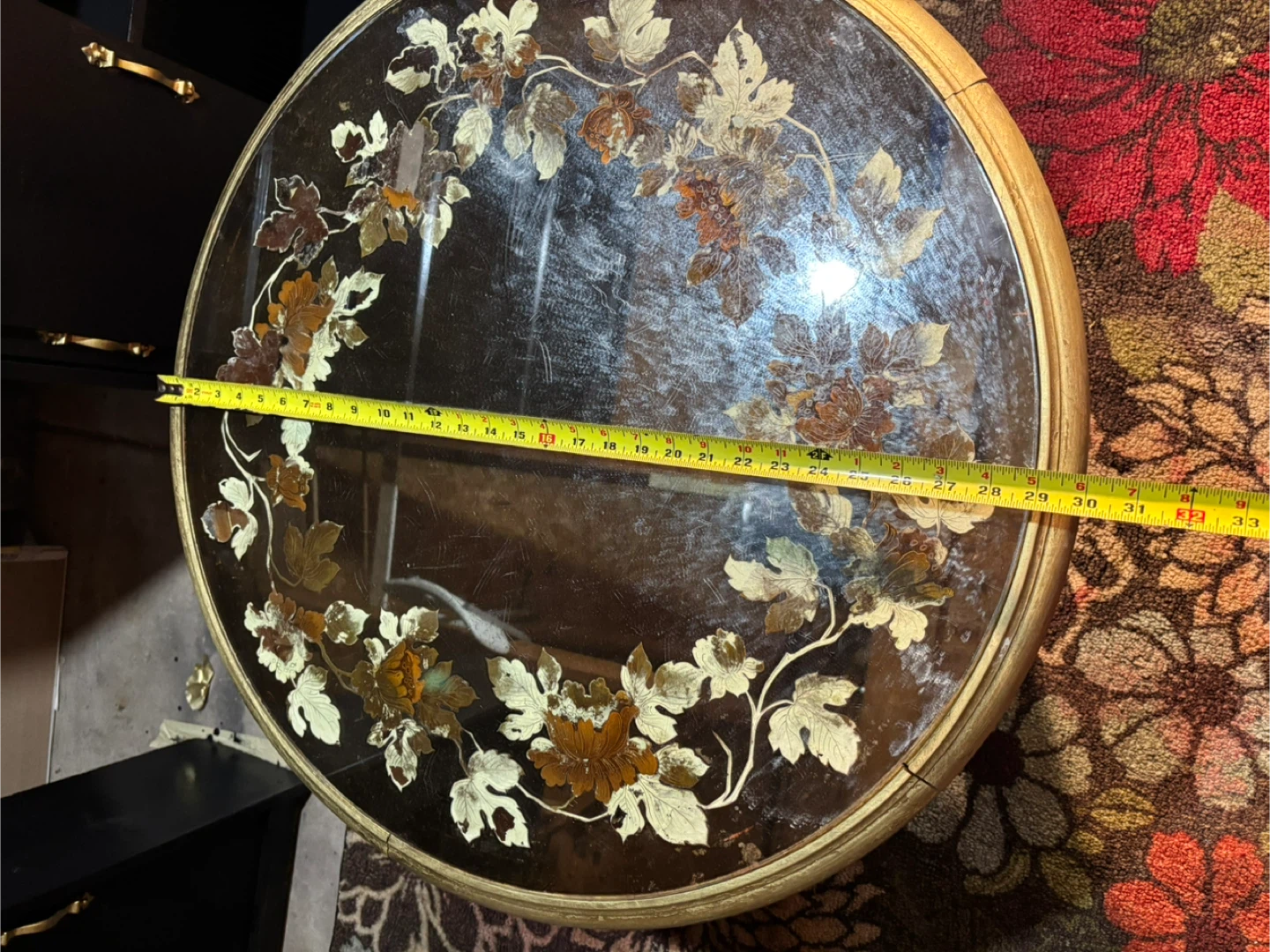 Vintage Hollywood Regency Round Coffee Table Floral Glass Inlay - photo 5