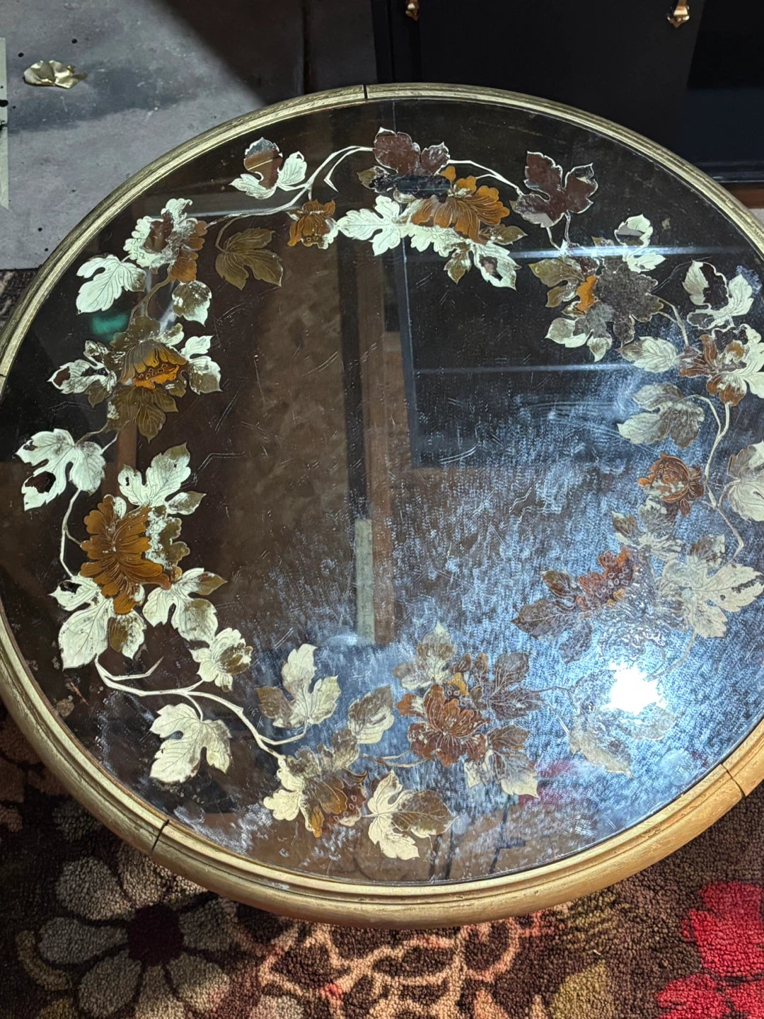 Vintage Hollywood Regency Round Coffee Table Floral Glass Inlay - photo 4