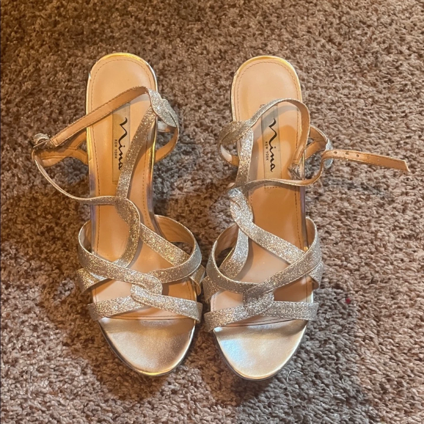 Nina Silver Glitter Strappy Heels - Size 9