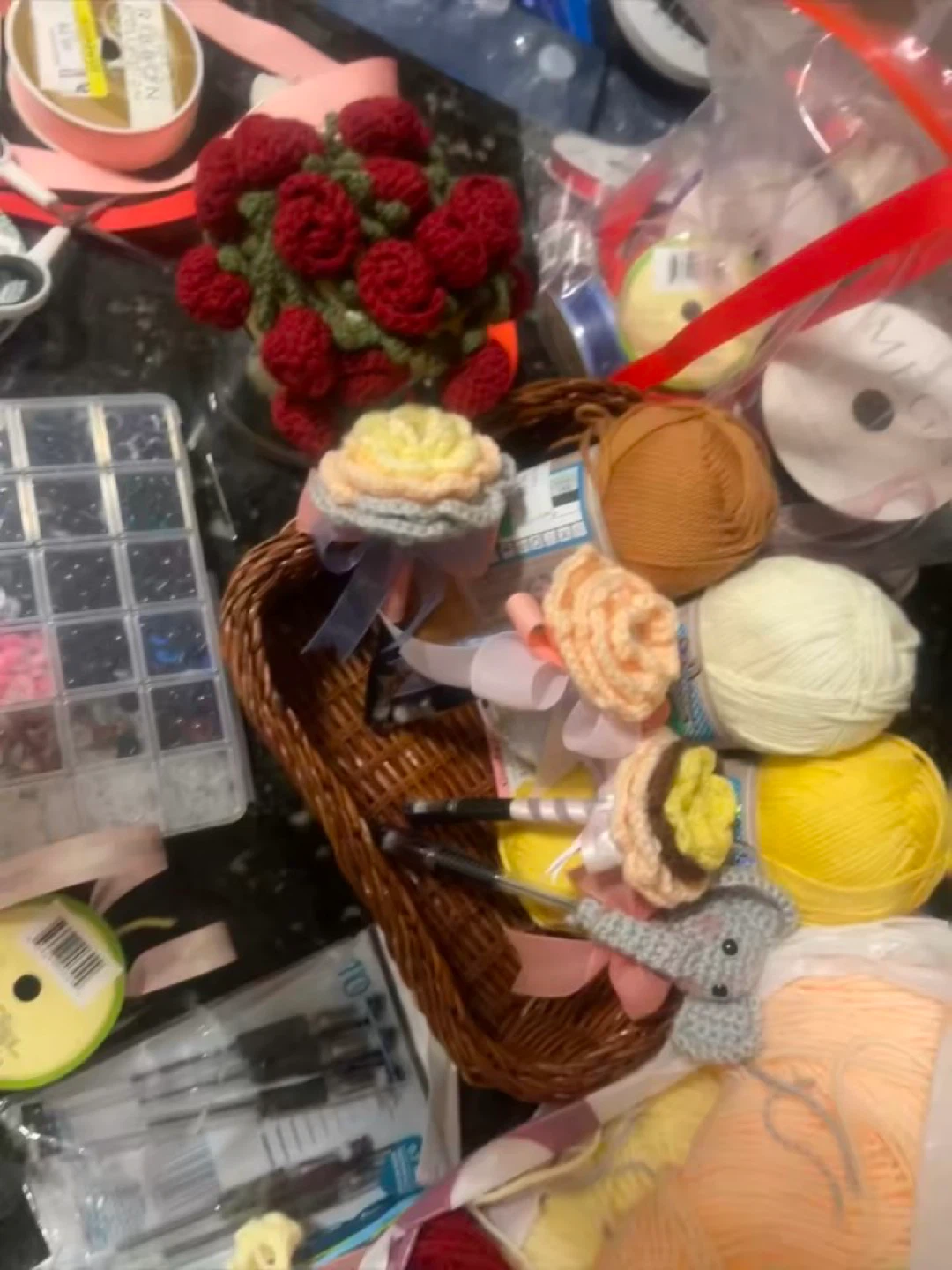 Handmade Crocheted Flower Pens and Rose Bouquet
