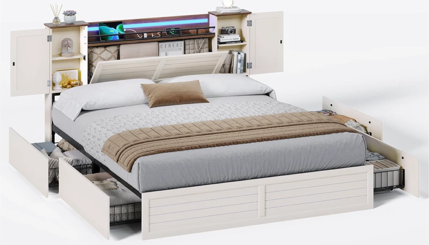 White Storage Bed Frame with Headboard and LED Lights - photo 4