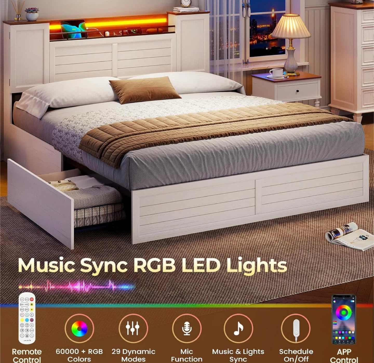 White Storage Bed Frame with Headboard and LED Lights - photo 3
