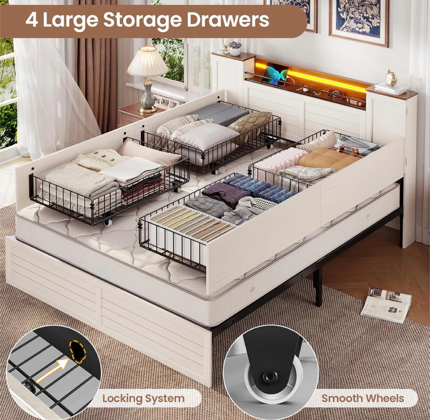 White Storage Bed Frame with Headboard and LED Lights - photo 2